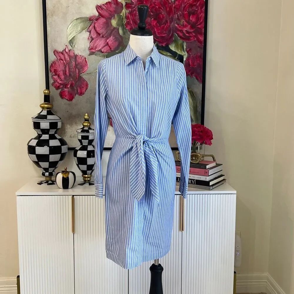 Calvin Klein Women's Striped Cotton Long Sleeve Tie Waist Shirt Dress Blue Small